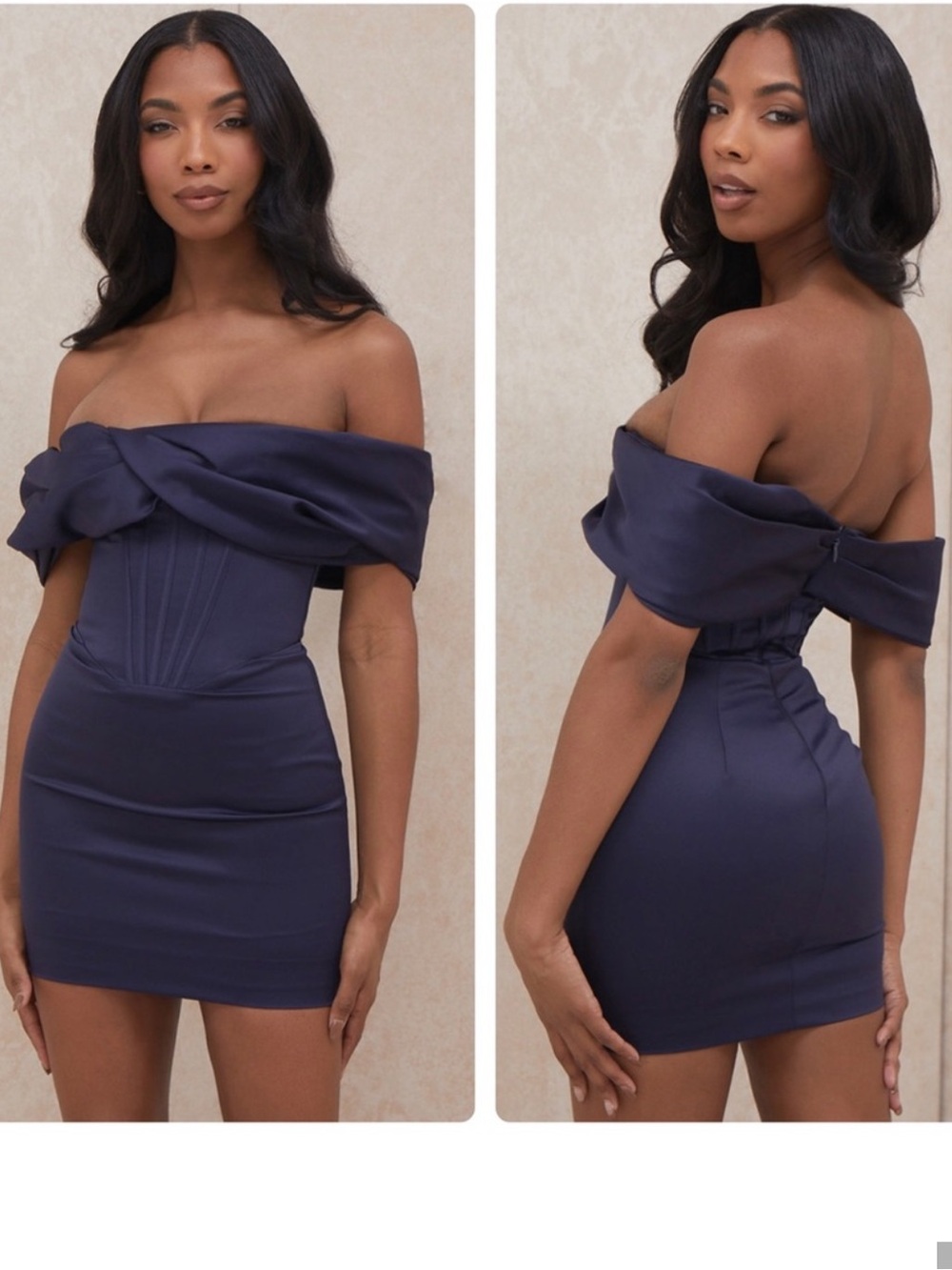 NWT HOUSE OF CB Navy Satin Strapless Draped Mini Dress